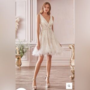 Andrea & Leo Elegant White Feathered Mini Dress